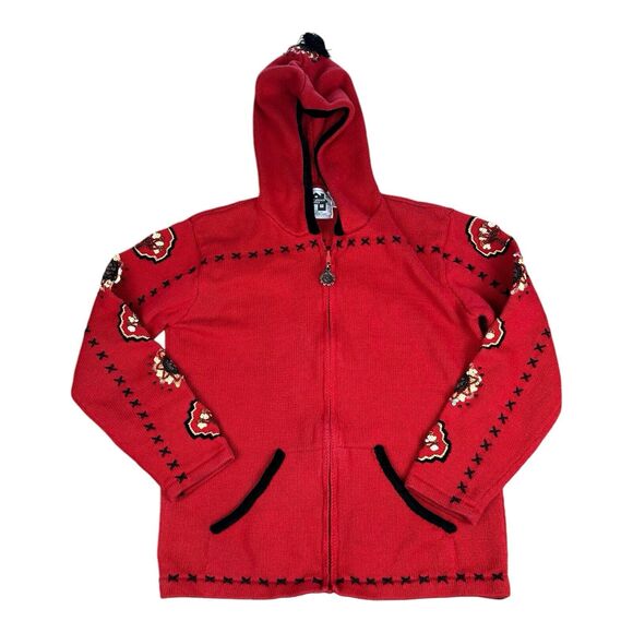 Story Book Knits Full Zip Red Beaded Sunflower Sweater Hooded Women’s Small RARE - Picture 1 of 12